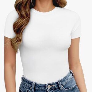 MANGOPOP Women's Round Neck Short Sleeve Body Suit (Size S, White)
